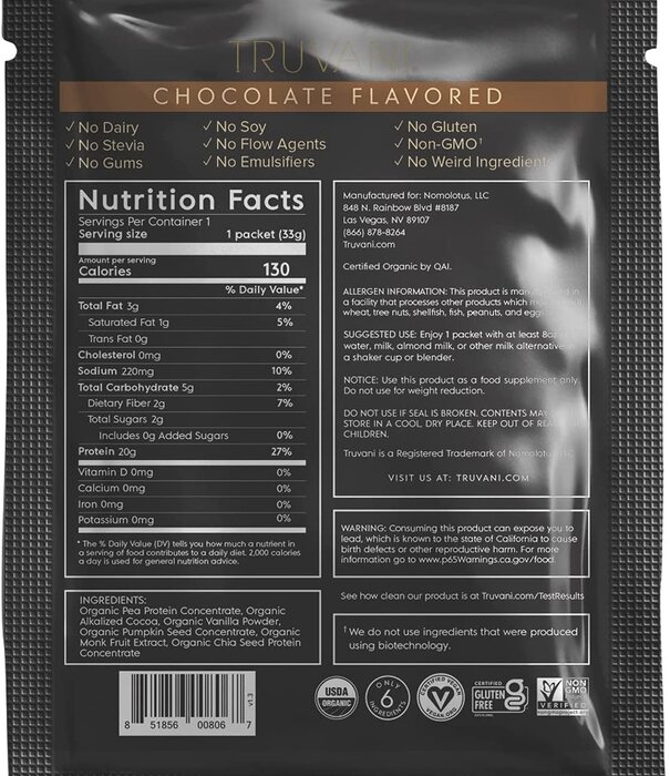 Truvani Chocolate Plant Protein Powder, 1.16oz.