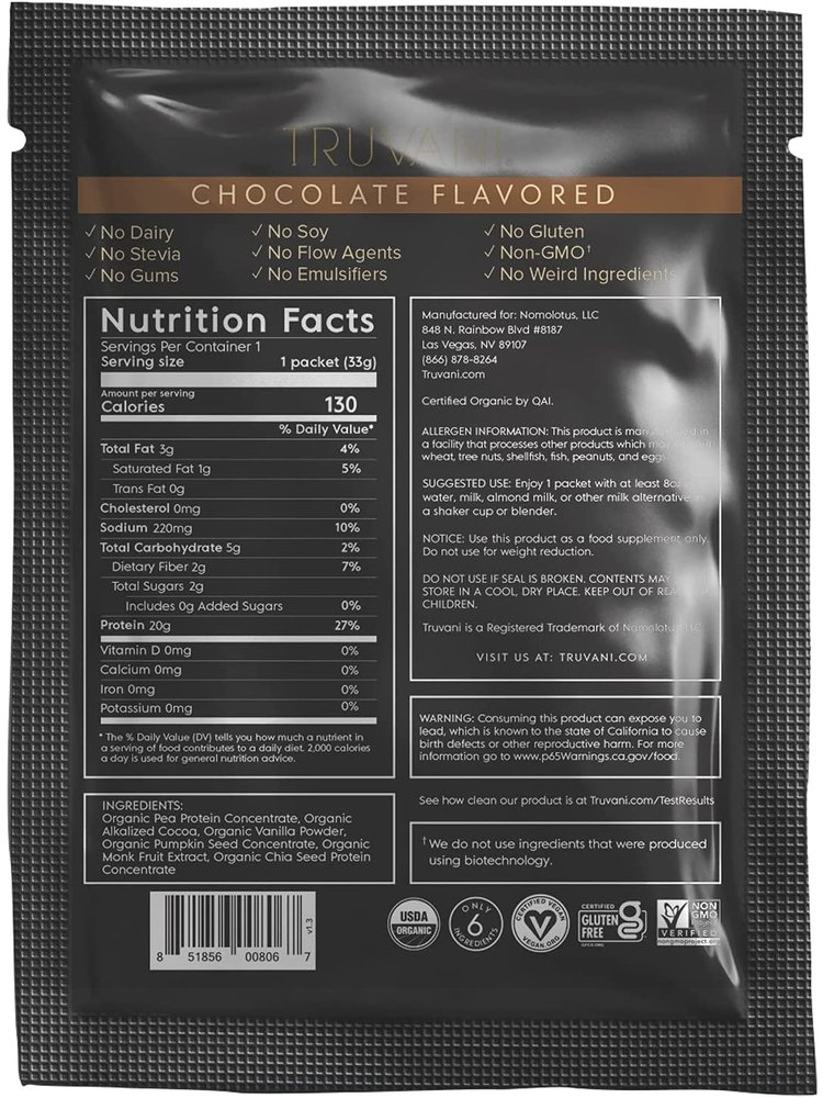 Truvani Chocolate Plant Protein Powder, Box of 10