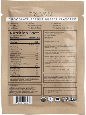 Truvani Peanut Butter Chocolate Plant Protein Powder, Box of 10