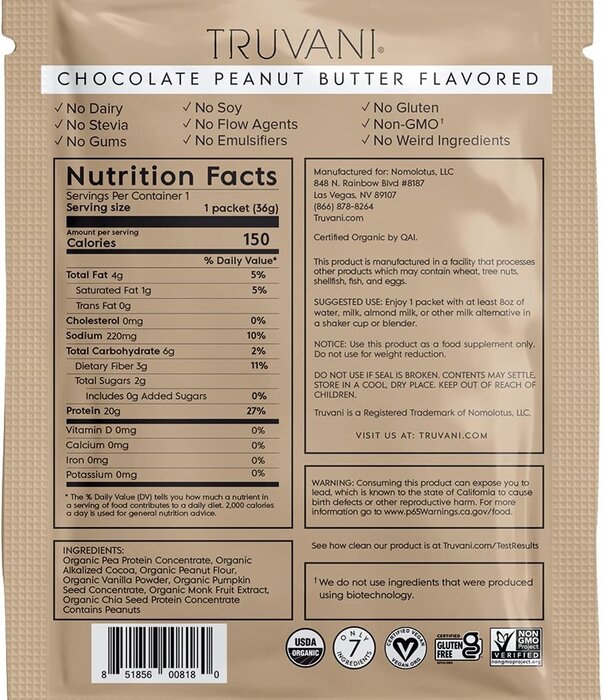 Truvani Peanut Butter Chocolate Plant Protein Powder, Box of 10