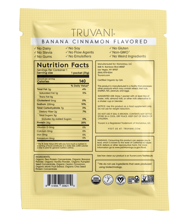Truvani Banana Cinnamon Plant Protein Powder, Box of 10