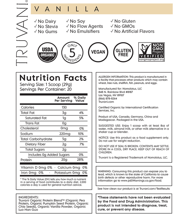Truvani Vanilla Plant Protein Powder, 20.95oz.