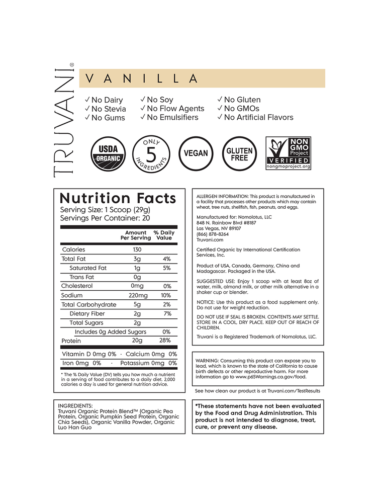 Truvani Vanilla Plant Protein Powder, 20.95oz.
