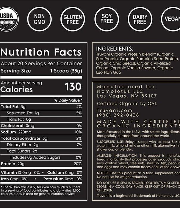 Truvani Chocolate Plant Protein Powder, 20 srv