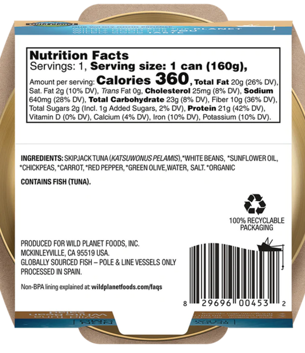Wild Planet Wild Tuna, White Bean Salad, 5.6oz.