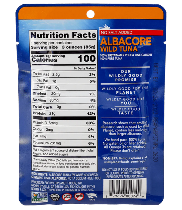 Wild Planet Wild Tuna, Albacore, No Salt, 3oz.