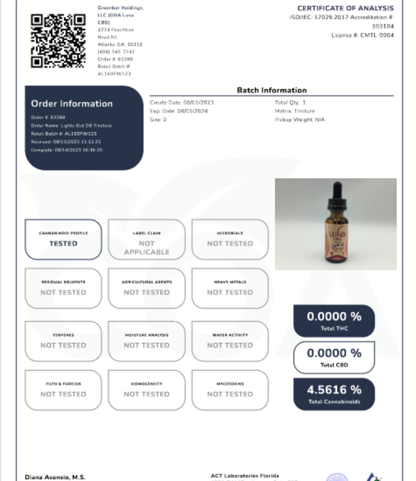 LUNA CBD Luna Weekend LIGHTS OUT D8 + CBN Tincture, 500mg:250mg, 1oz