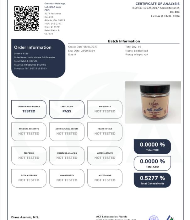 LUNA CBD Luna Weekend HELLO MELLOW D8 Gummies, 25mg, 15ct