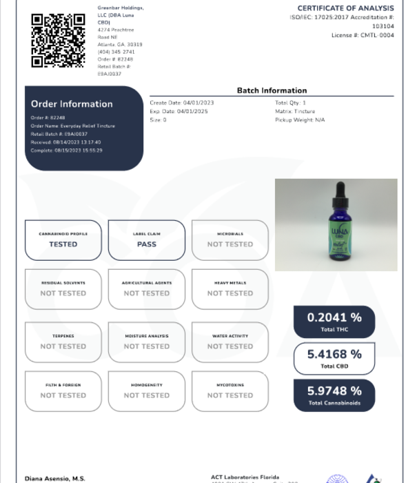 LUNA CBD Luna Everyday RELIEF++, 1500mg 1oz.