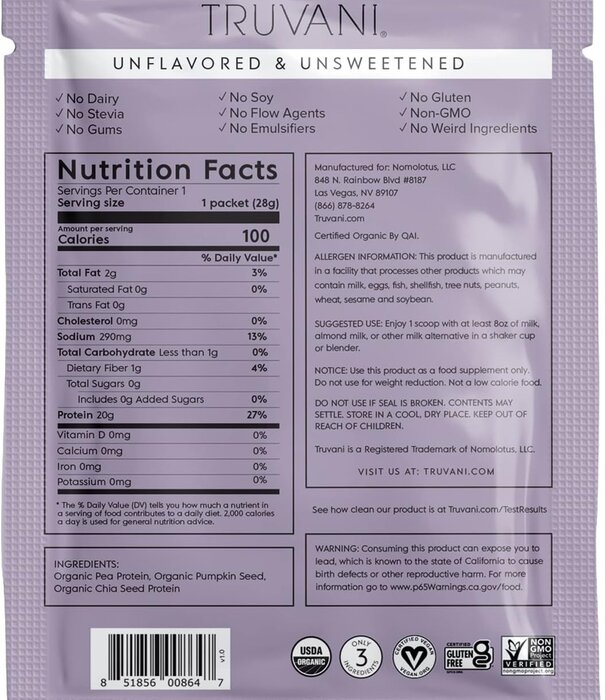 Truvani Unflavored Plant Protein Powder, Single