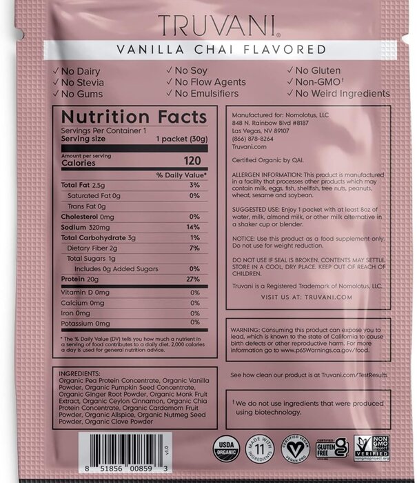 Truvani Vanilla Chai Plant Protein Powder, Single