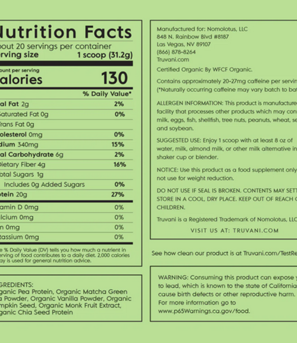 Truvani Matcha Plant Protein Powder, 25.75oz.