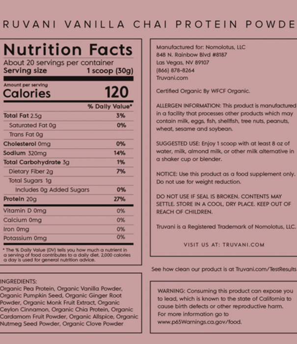 Truvani Vanilla Chai Plant Protein Powder, 21.59oz.