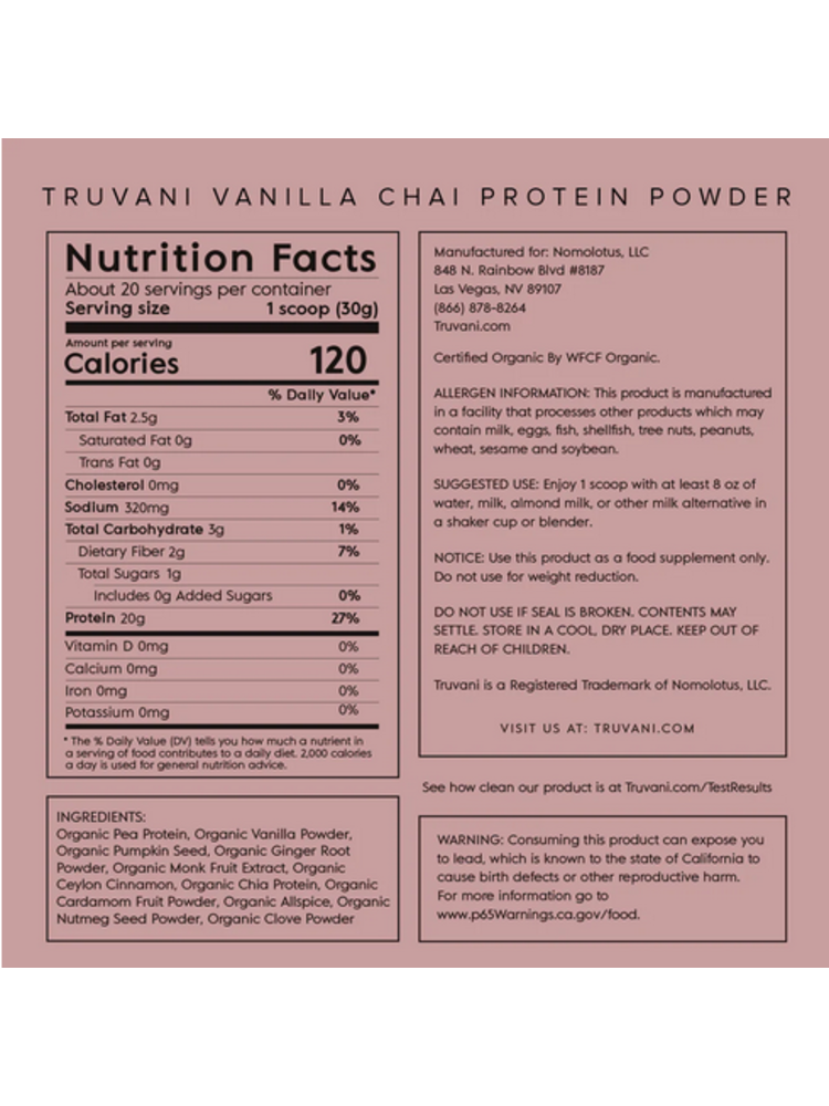 Truvani Vanilla Chai Plant Protein Powder, 21.59oz.