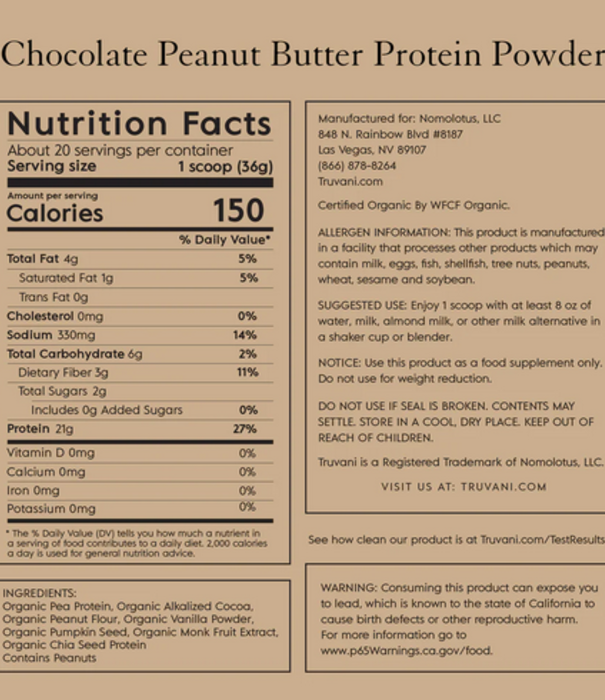 Truvani Peanut Butter Plant Protein Powder, 25.75oz.