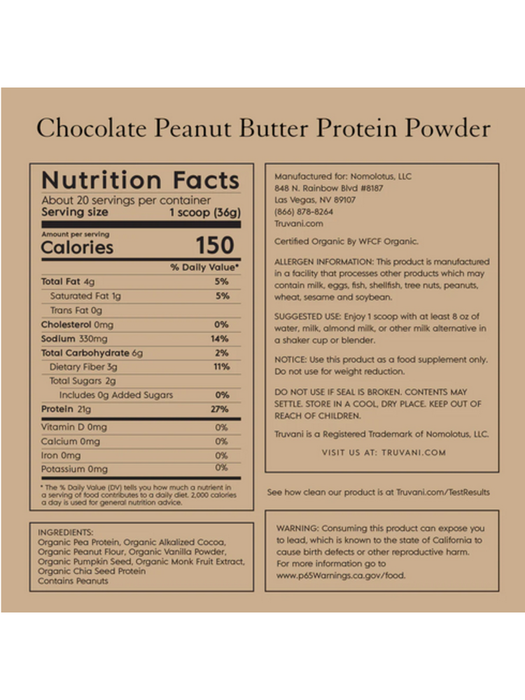 Truvani Peanut Butter Plant Protein Powder, 25.75oz.