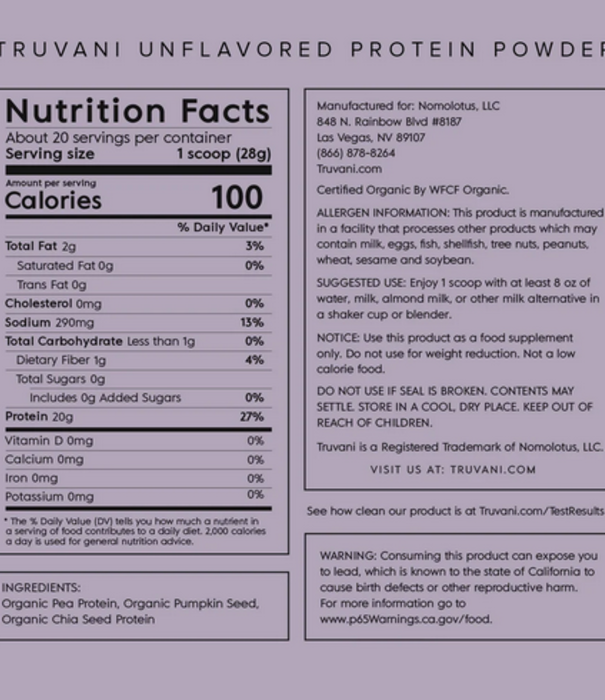 Truvani Unflavored Plant Protein Powder, 19.75oz.