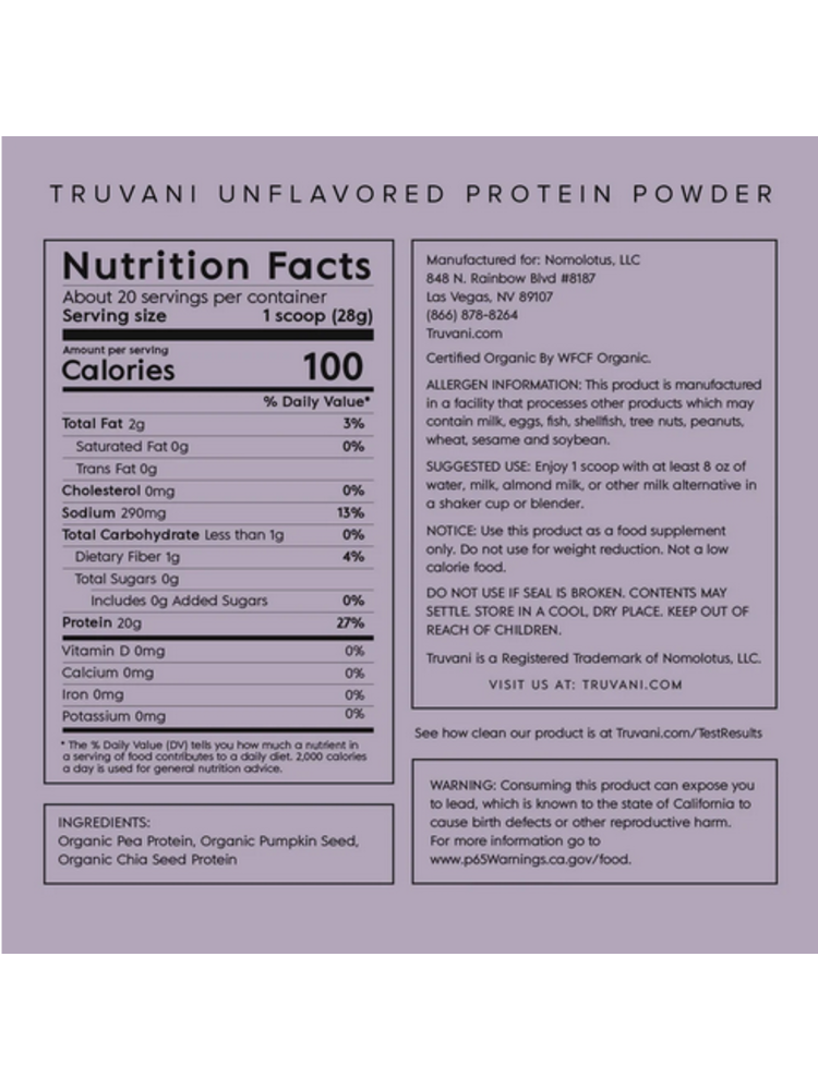 Truvani Unflavored Plant Protein Powder, 25.75oz.