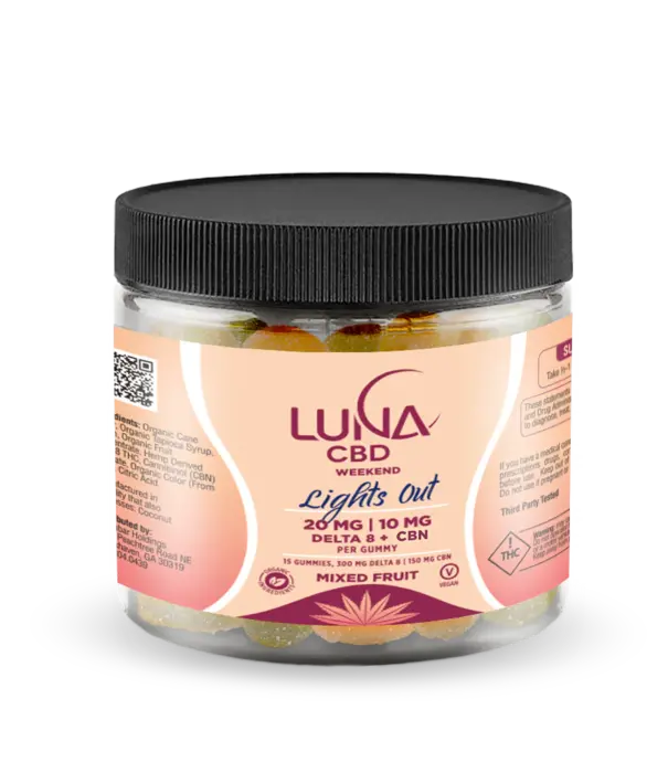 LUNA CBD Luna Weekend LIGHTS OUT D8 + CBN Gummies, 20mg:10mg, 15ct