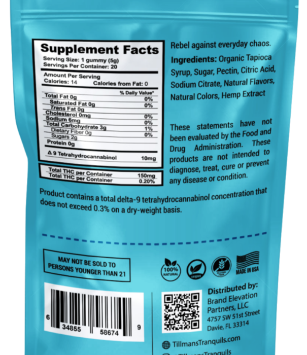 Tillman's Tranquils Tillman's Tranquils D9 Gummies, Blue Dream, 10mg, 15ct