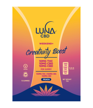 Luna Weekend+ CREATIVITY BOOST D9 THC + CBG Gummies, Peach, 10mg:10mg, 15ct