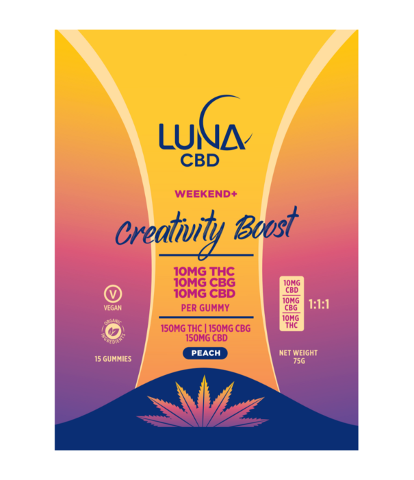 LUNA CBD Luna Weekend+ CREATIVITY BOOST D9 THC + CBG Gummies, Peach, 10mg:10mg, 15ct