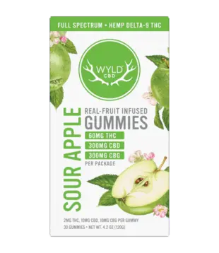 Wyld CBD Gummies Sour Apple, 2mg THC + 10mg CBD + 10mg CBG, 30ct
