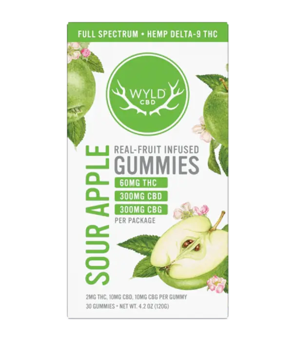 WYLD Wyld CBD Gummies Sour Apple, 2mg THC + 10mg CBD + 10mg CBG, 30ct