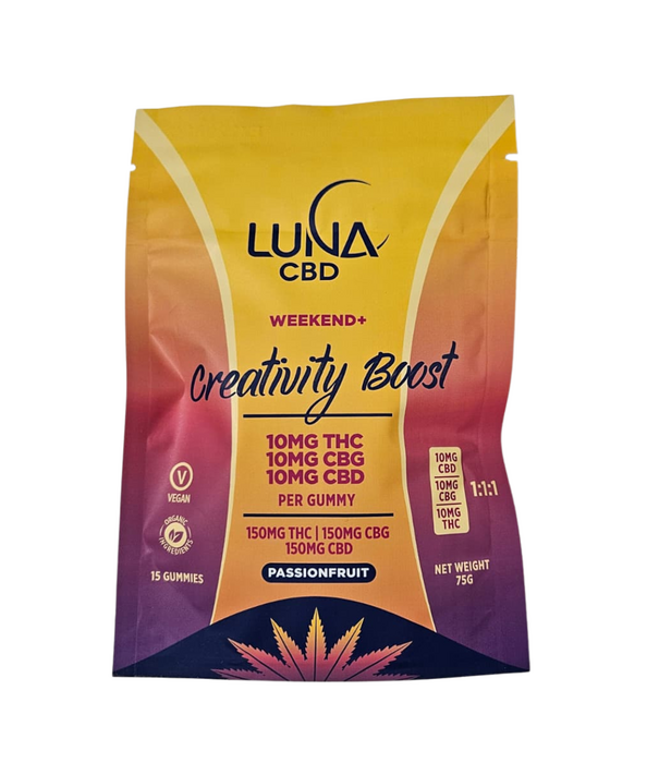 LUNA CBD Luna Weekend+ CREATIVITY BOOST D9 THC + CBG Gummies, Peach, 10mg:10mg, 15ct