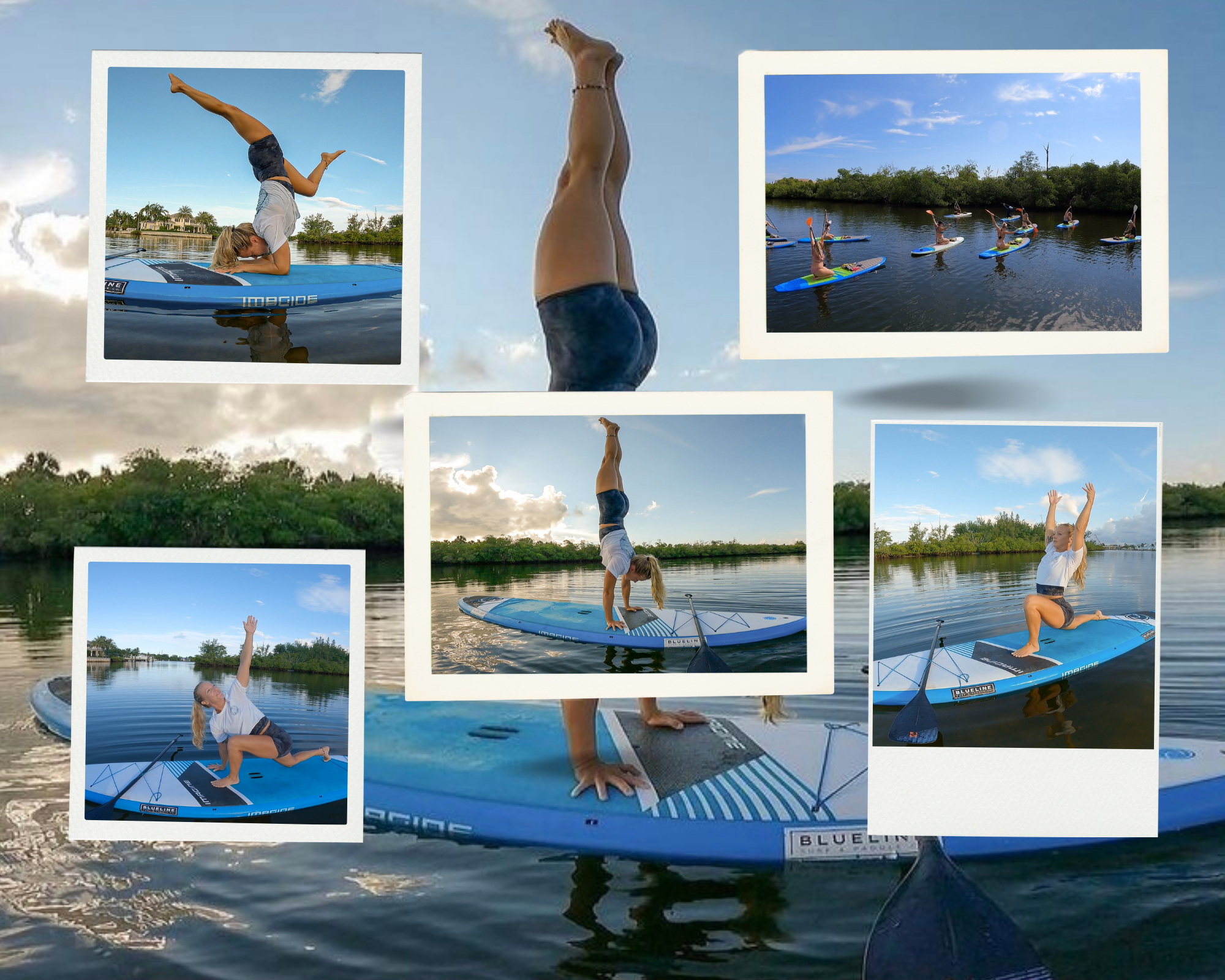 Woman practice yoga asana on paddle board at night