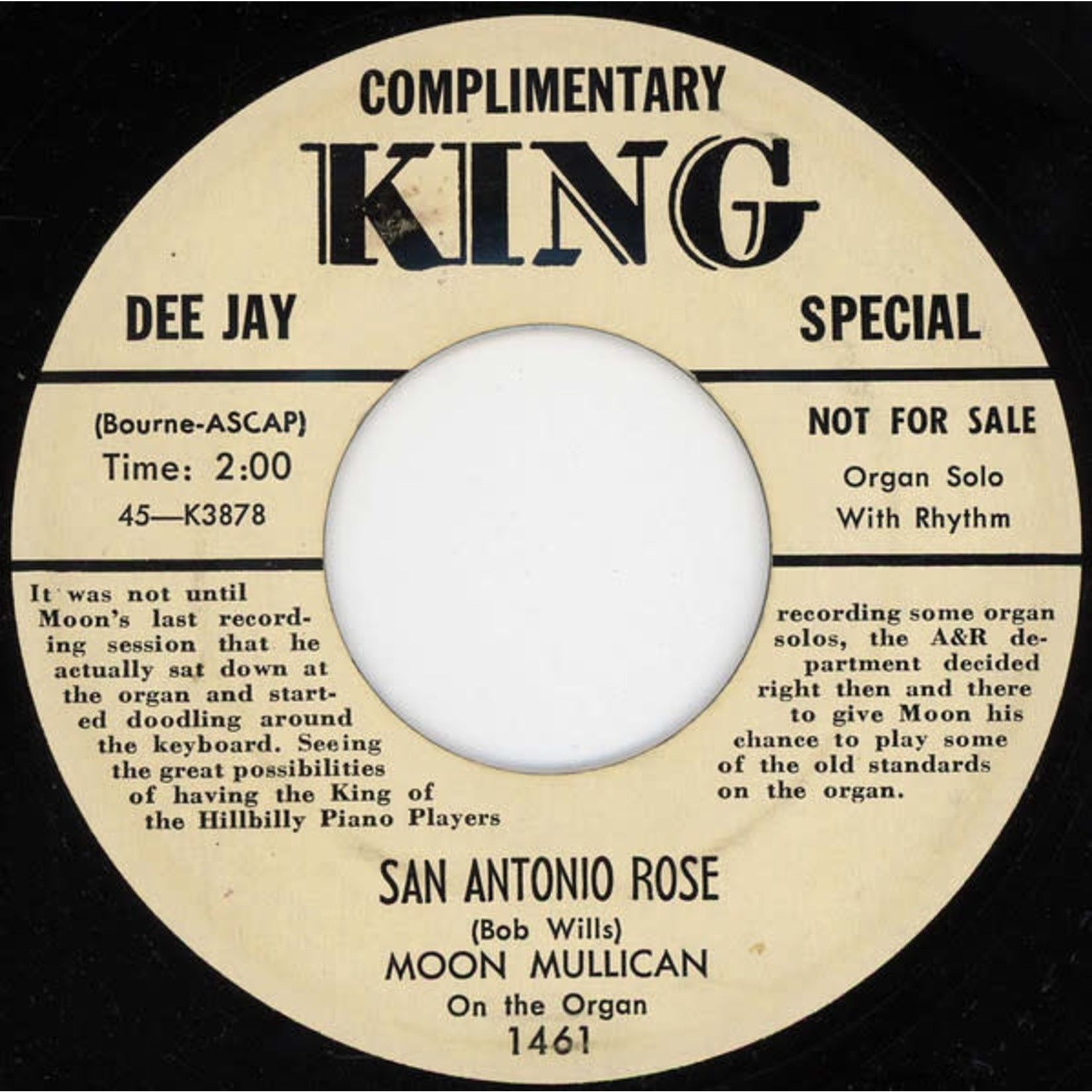 [7"] Moon Mullican - San Antonio Rose b/w Cedwarwood Blues (7", promo, Disc VG)