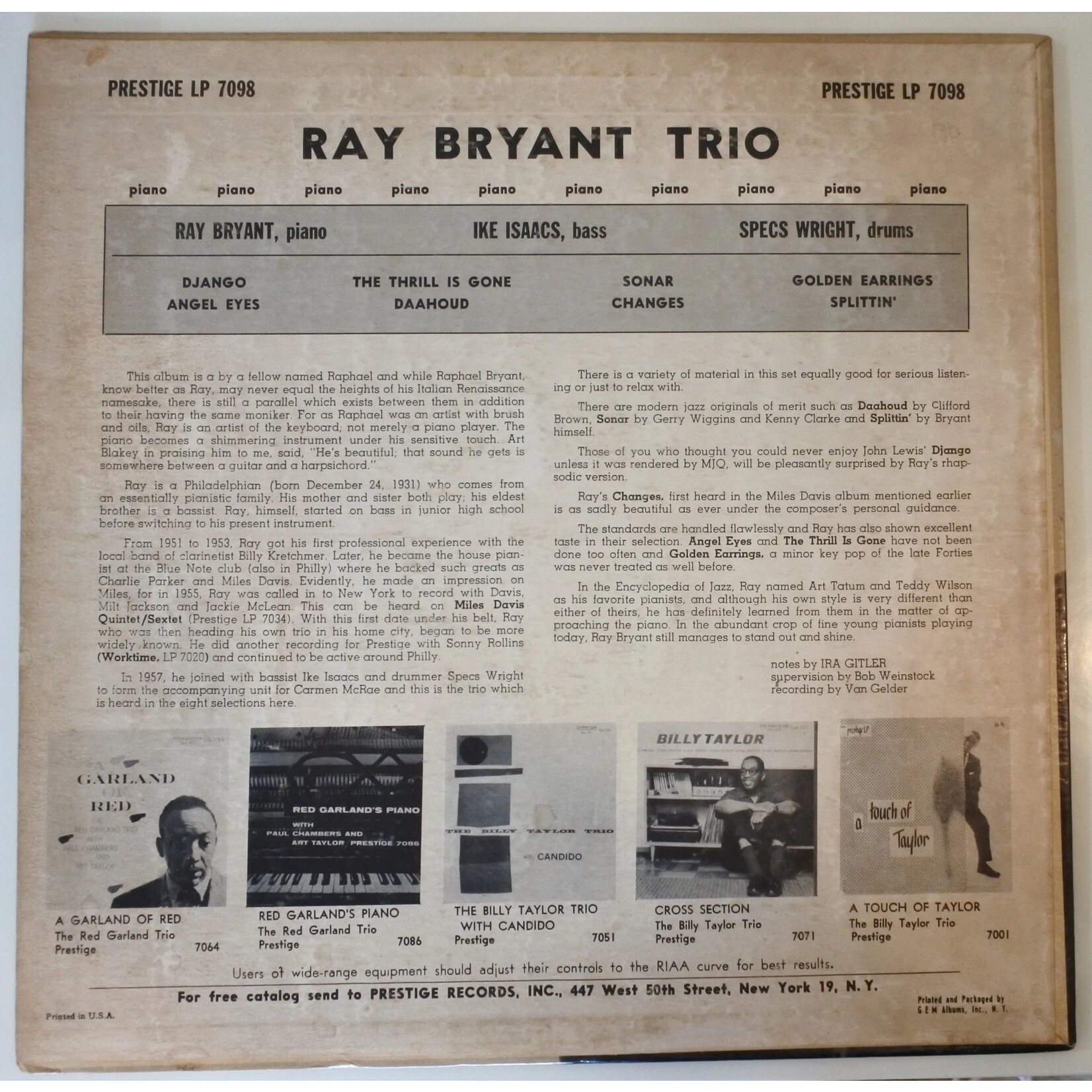 [Kollectible Vinyl] Ray Bryant Trio: Piano Piano Piano Piano... (1957, USA, Mono, G++) [PRESTIGE]