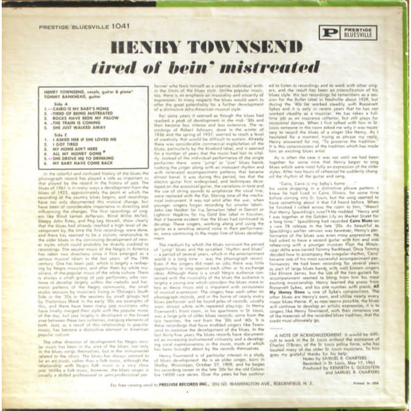 [Kollectible Vinyl] Townsend, Henry: Tired Of Bein’ Mistreated (1967, USA, Blues, VG) [PRESTIGE]