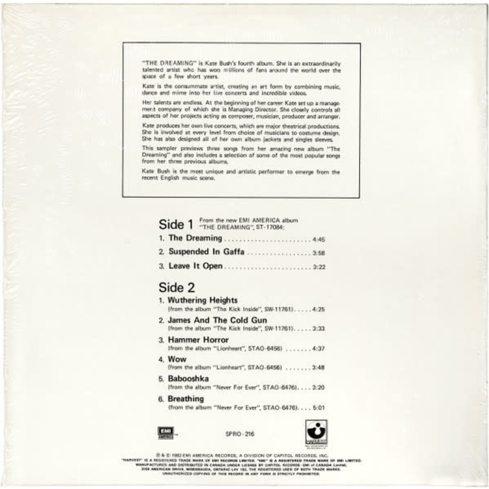 [Kollectibles] Bush, Kate: Kate Bush Sampler (1982, Canada, Ltd Ed., Promo, VG+) [EMI]