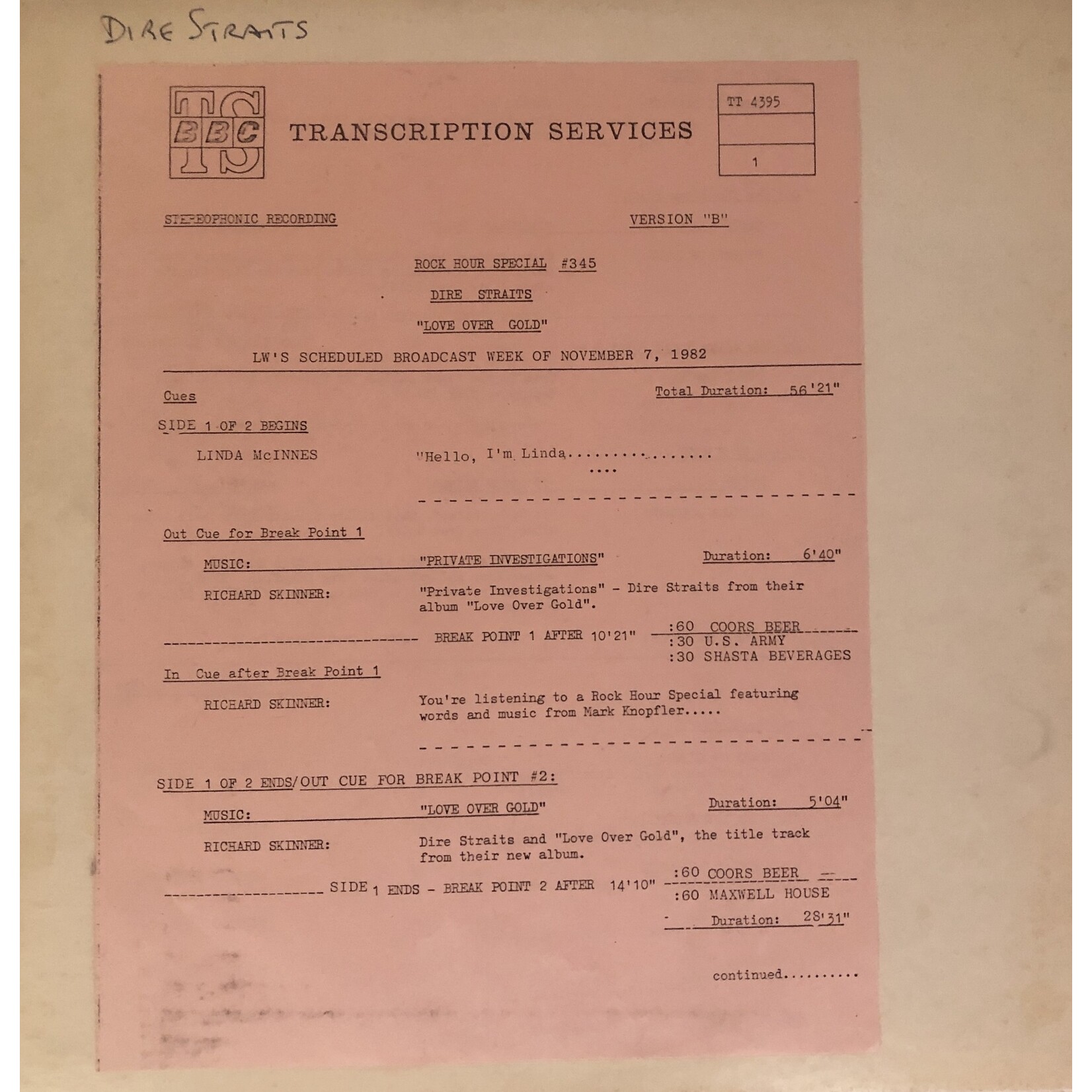 [Kollectible Vinyl] Dire Straits: Rock Hour Special (1982, USA, Radio Transcription w/ cue) [BBC]