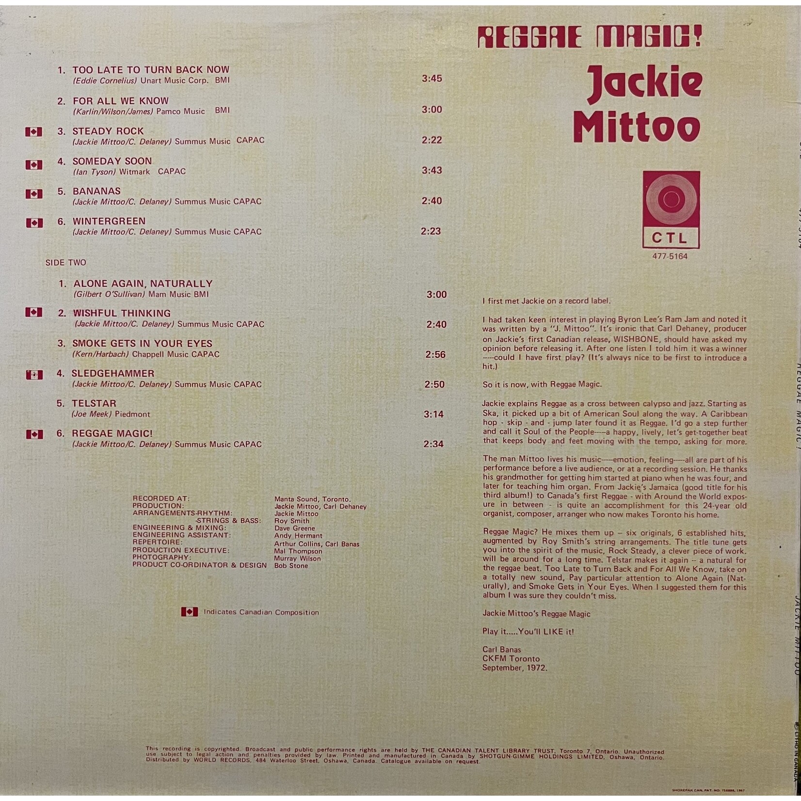 [Nick's Disk Pics] Mittoo, Jackie: Reggae Magic! [CANADIAN TALENT LIBRARY]