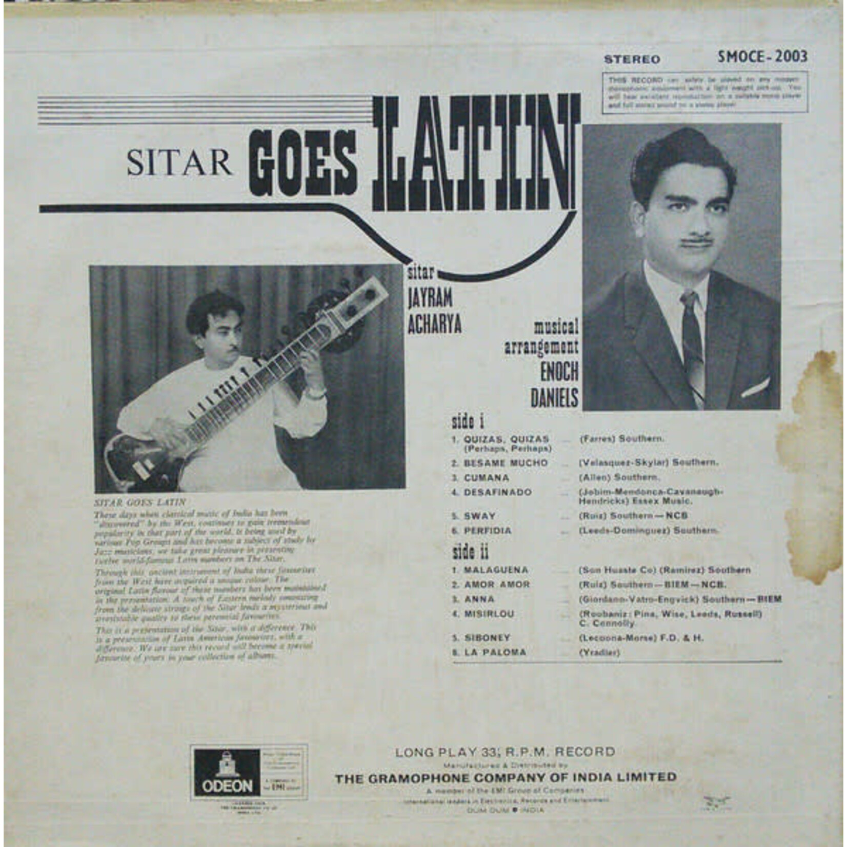 [Kollectible Vinyl] Acharya, Jayaram & Enoch Daniels: Sitar Goes Latin [ODEON]