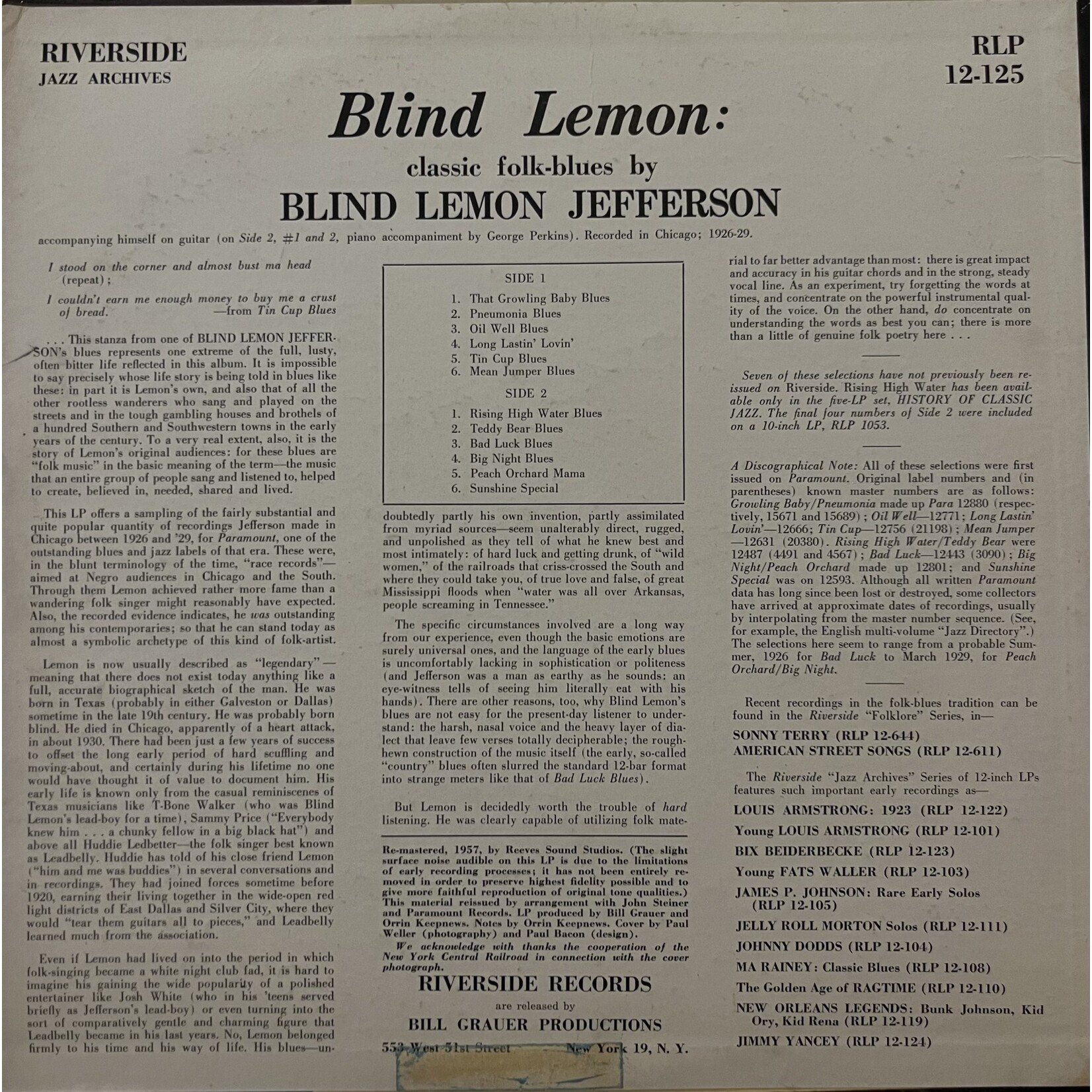 [Kollectible Vinyl] Blind Lemon:  Classic Folk Blues By Blind Lemon Jefferson [RIVERSIDE]