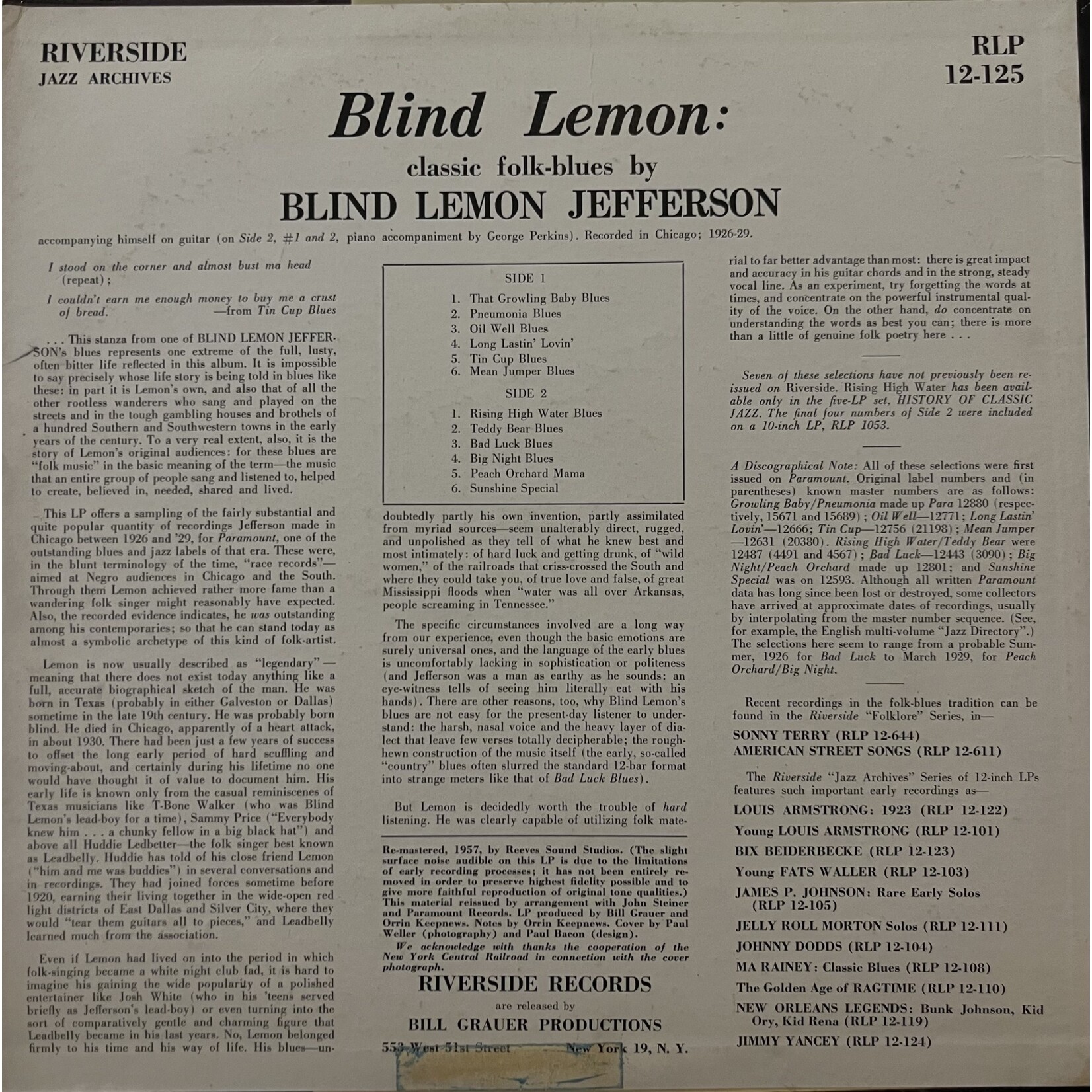 [Kollectibles] Blind Lemon:  Classic Folk Blues By Blind Lemon Jefferson [RIVERSIDE]
