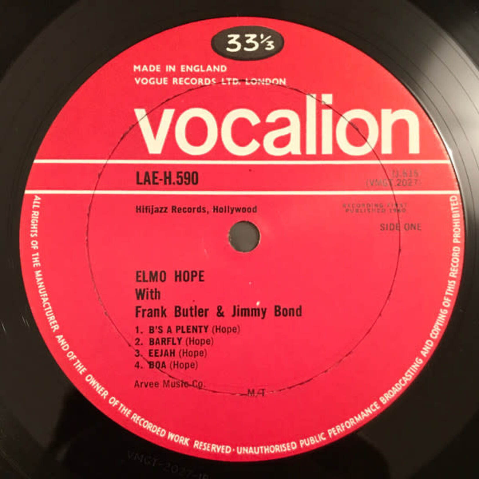 [Kollectible Vinyl] Hope, Elmo: With Frank Butler And Jimmy Bond (1965, UK, Post-Bop, VG+) [VOCALION]