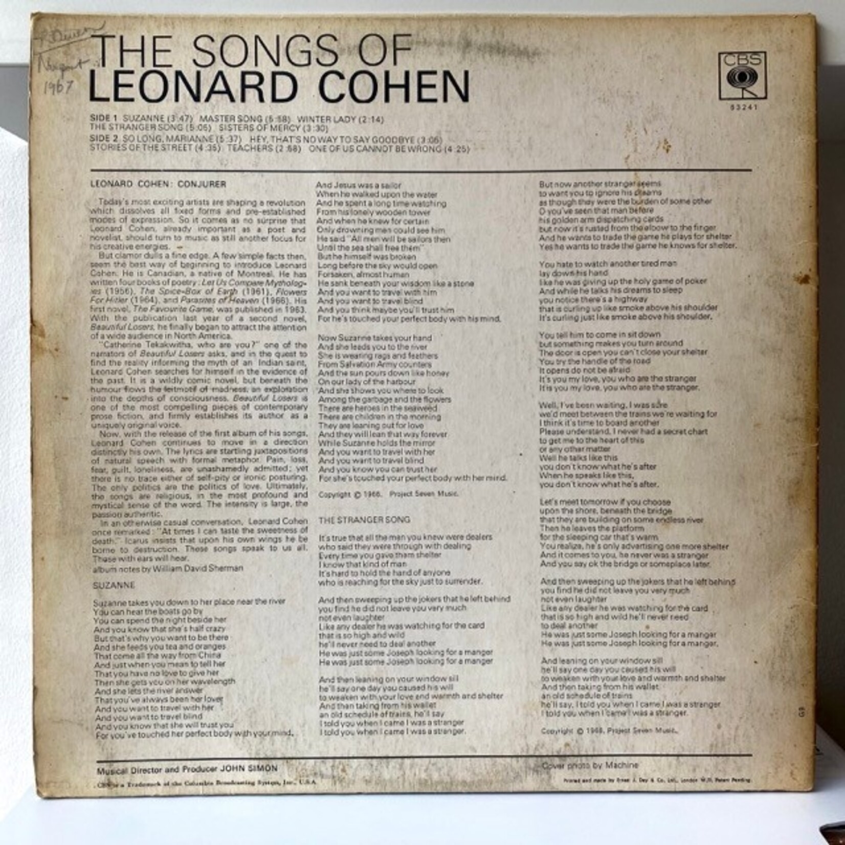 [Nick's Disk Pics] Cohen, Leonard: Songs Of... (1968, UK, VG) [CBS]
