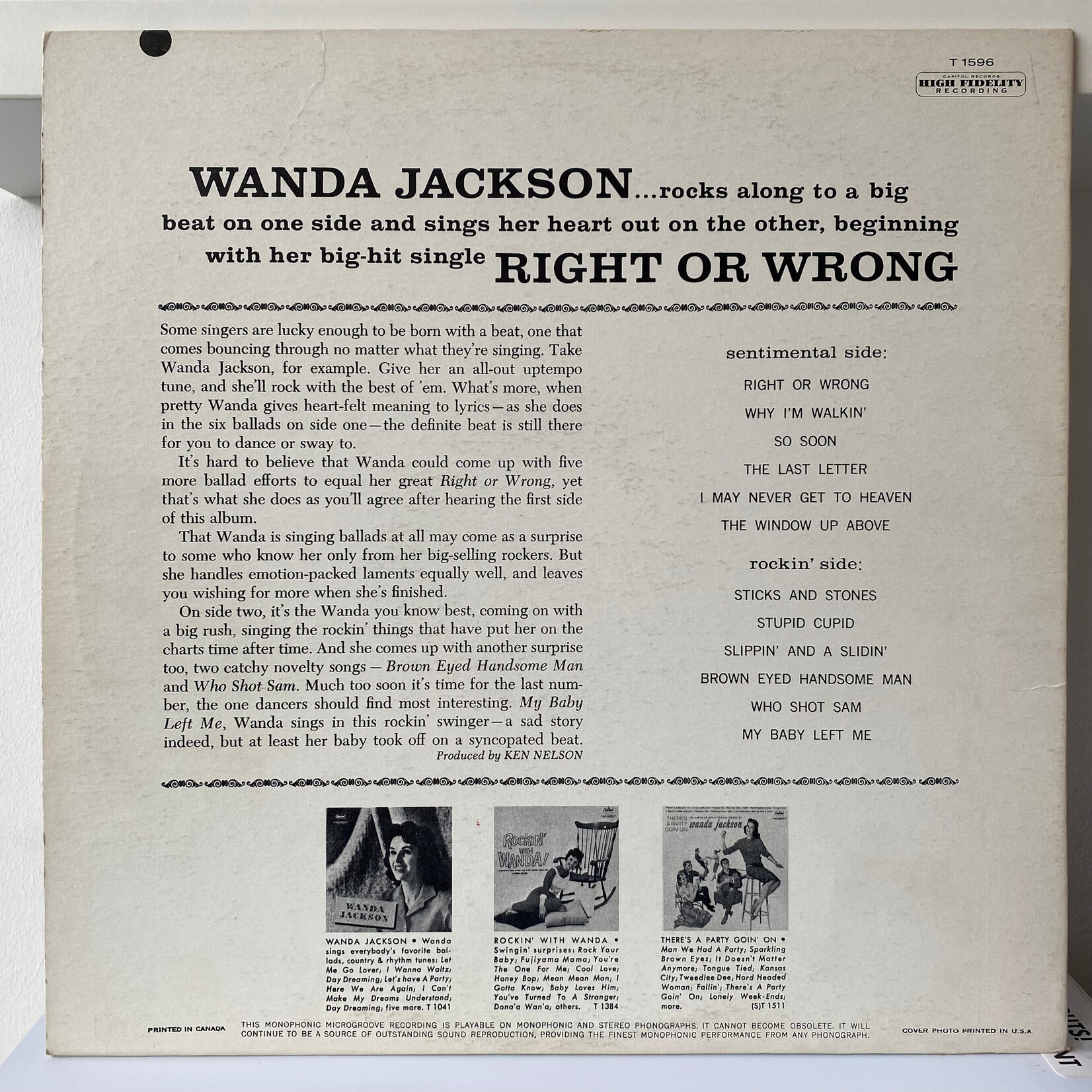 [Nick's Disk Pics] Jackson, Wanda: Right Or Wrong (1961, Canada, VG+) [CAPITOL]