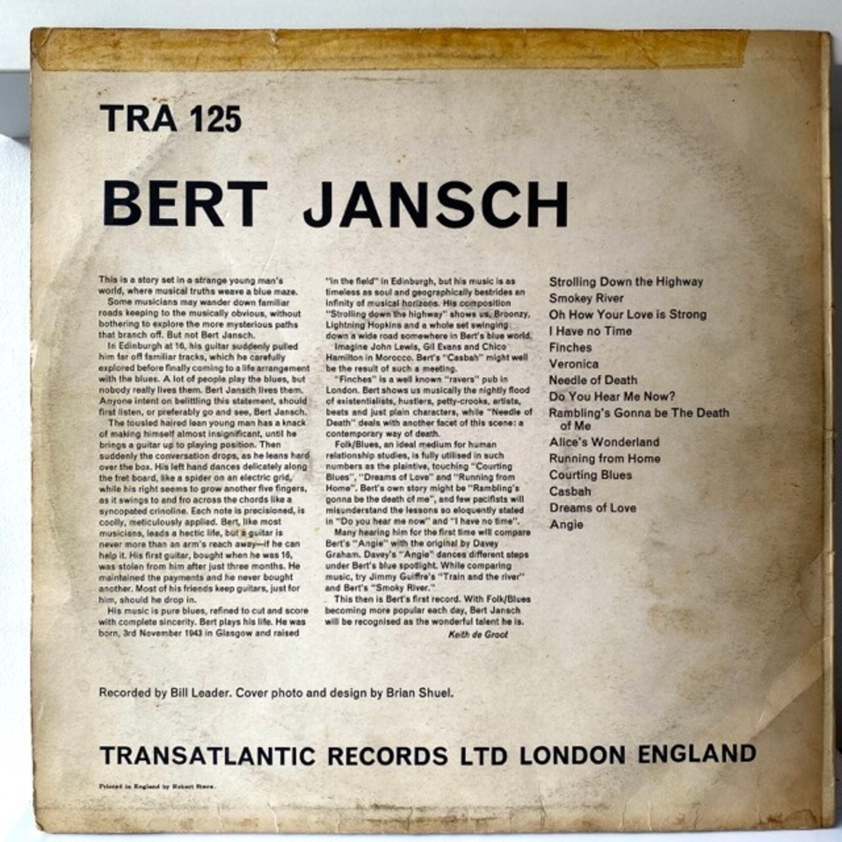 [Nick's Disk Pics] Jansch, Bert: self-titled (1965. UK, VG) [TRANSATLANTIC]