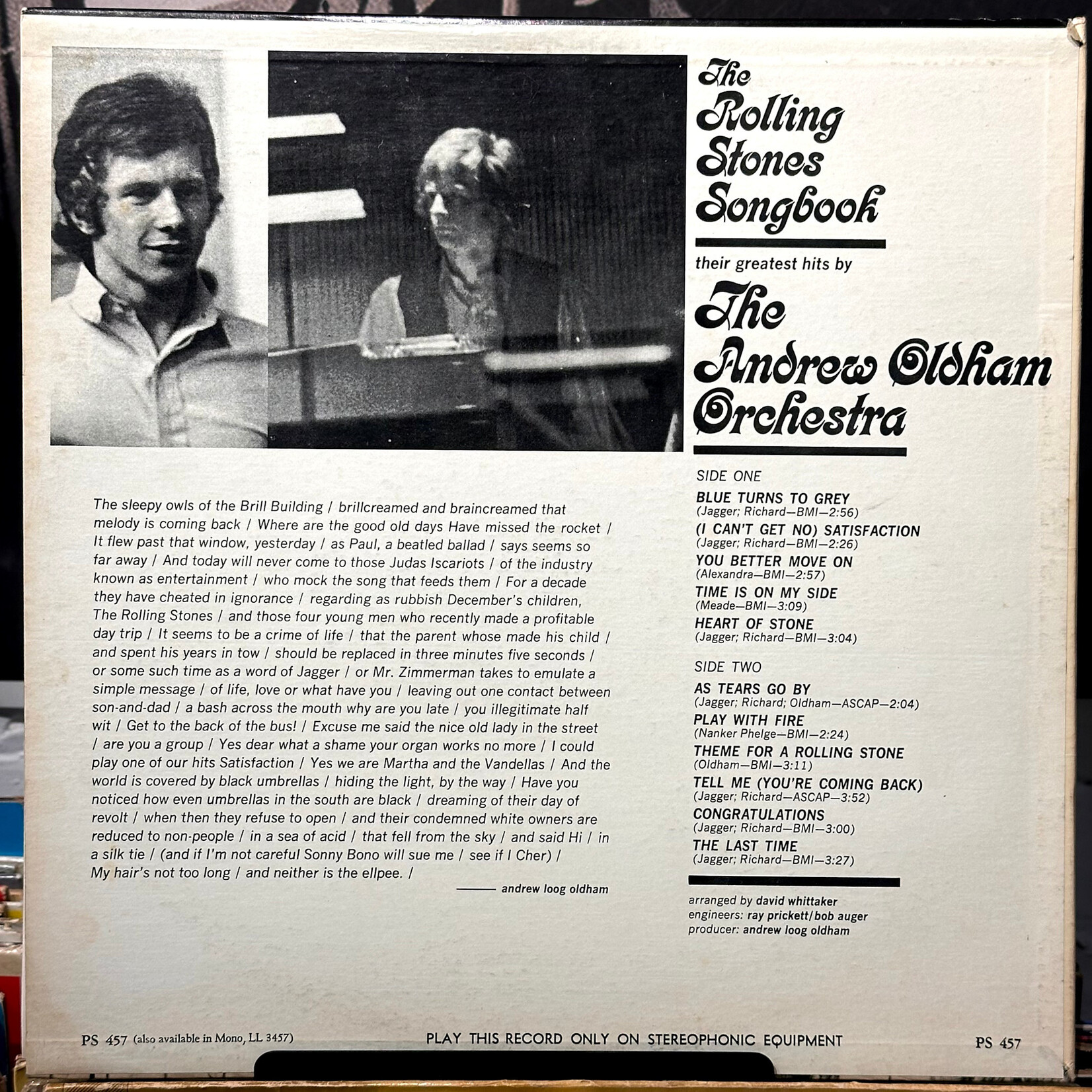 [Nick's Disk Pics] Rolling Stones: Song Book; The Andrew OldHam Orchestra (1965, Canada, VG+) [LONDON]