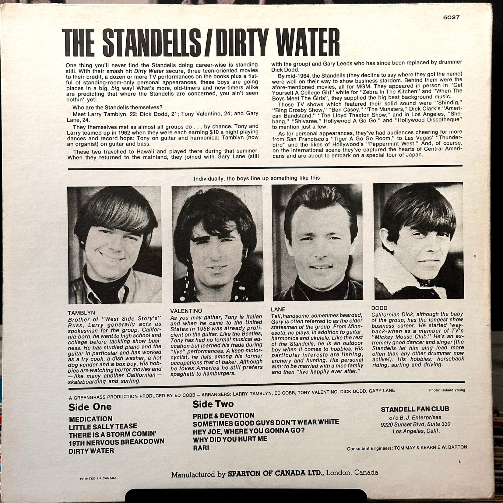 [Nick's Disk Pics] Standels: Dirty Water (1966, Canada, VG) [SPARTON]