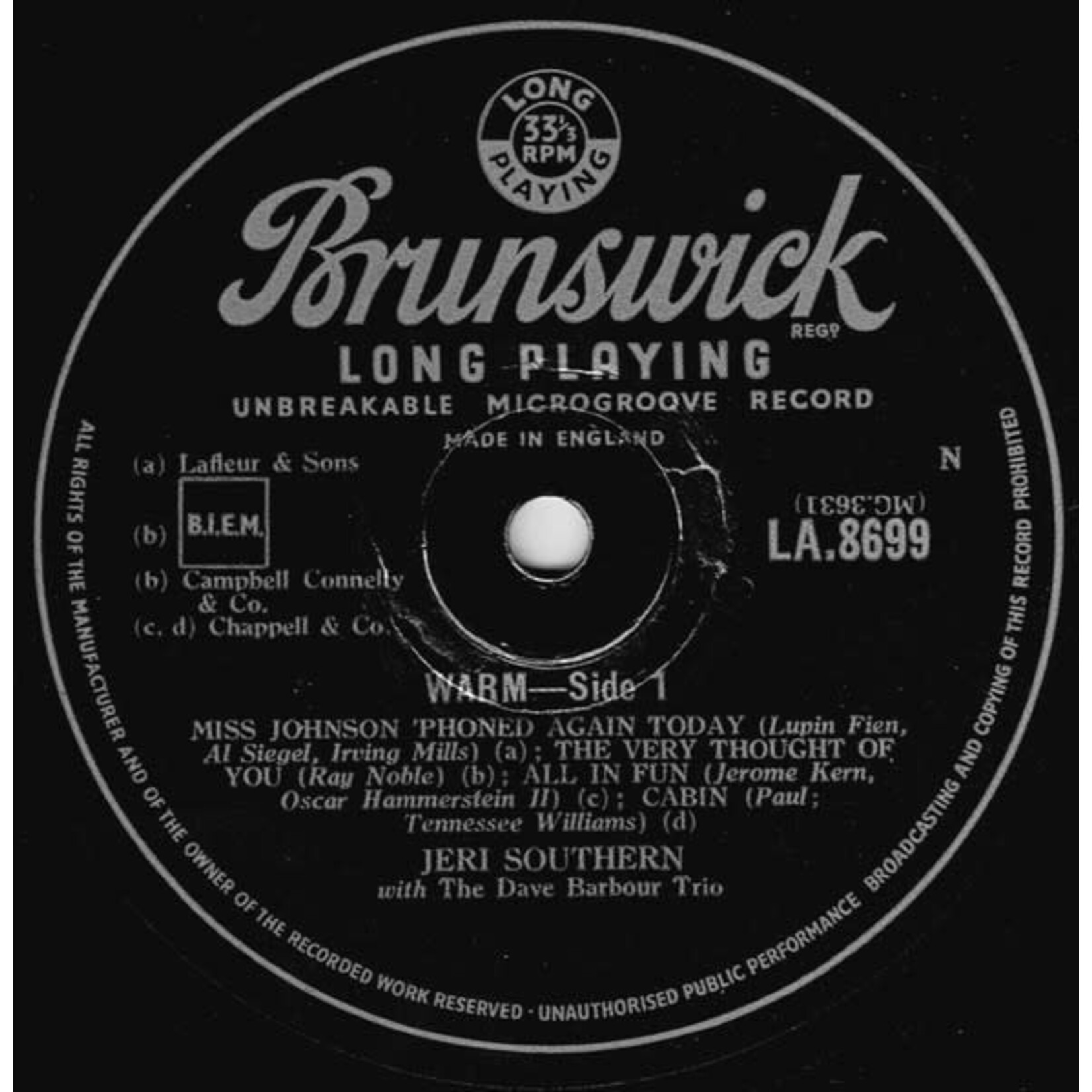 [Kollectibles] Jeri Southern With The Dave Barbour Trio: Warm [Brunswick] (1954 UK VG)