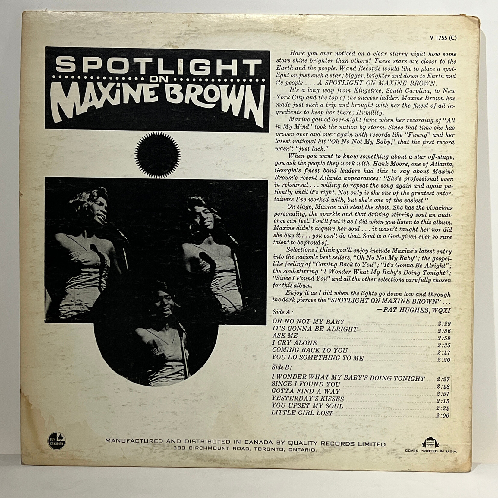 [Kollectibles] Brown, Maxine: Spotlight On Maxine Brown (1965, Canada, Disc VG+) [WAND]