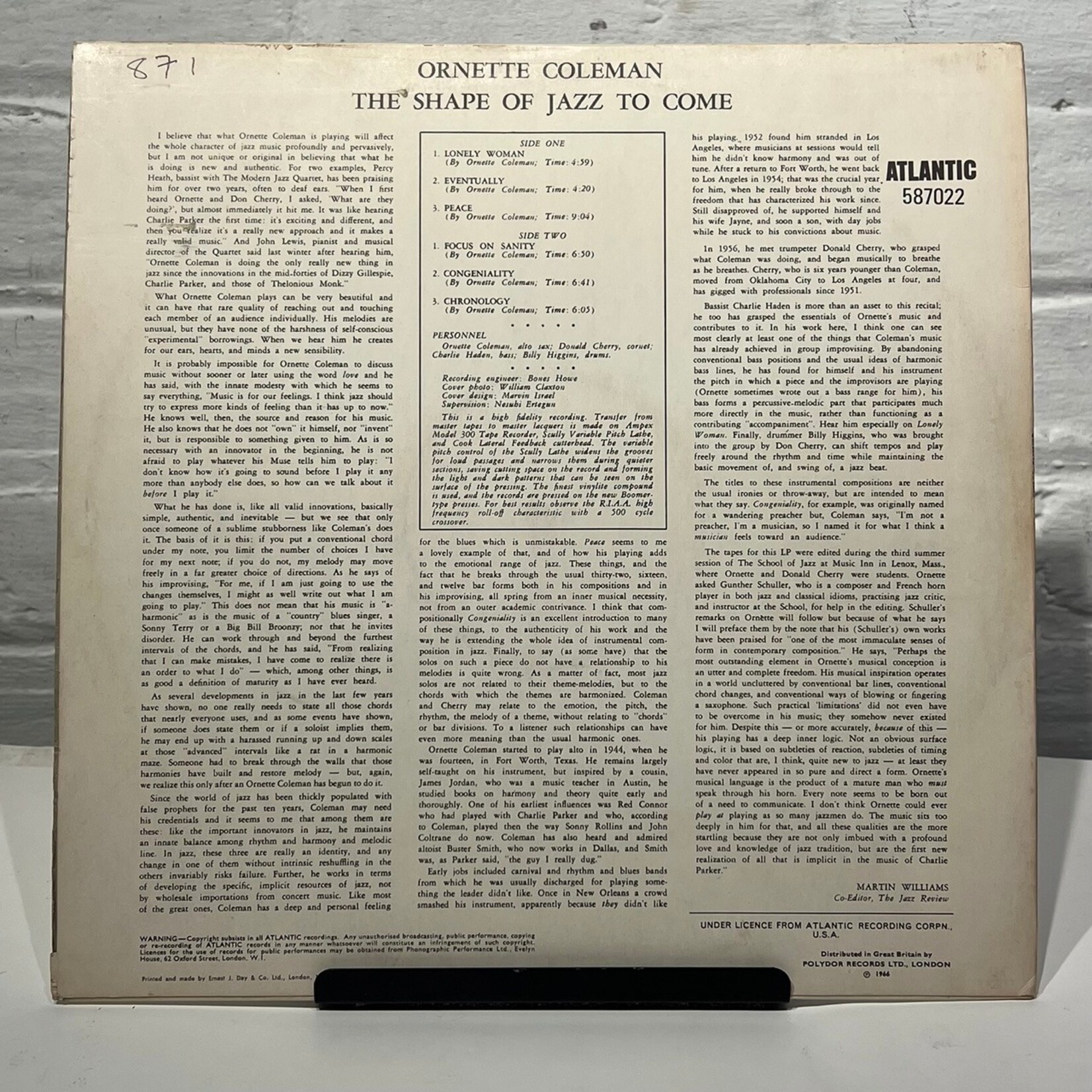 [Kollectible Vinyl] Coleman, Ornette: The Shape Of Jazz To Come (UK, 1966, VG+) [ATLANTIC]