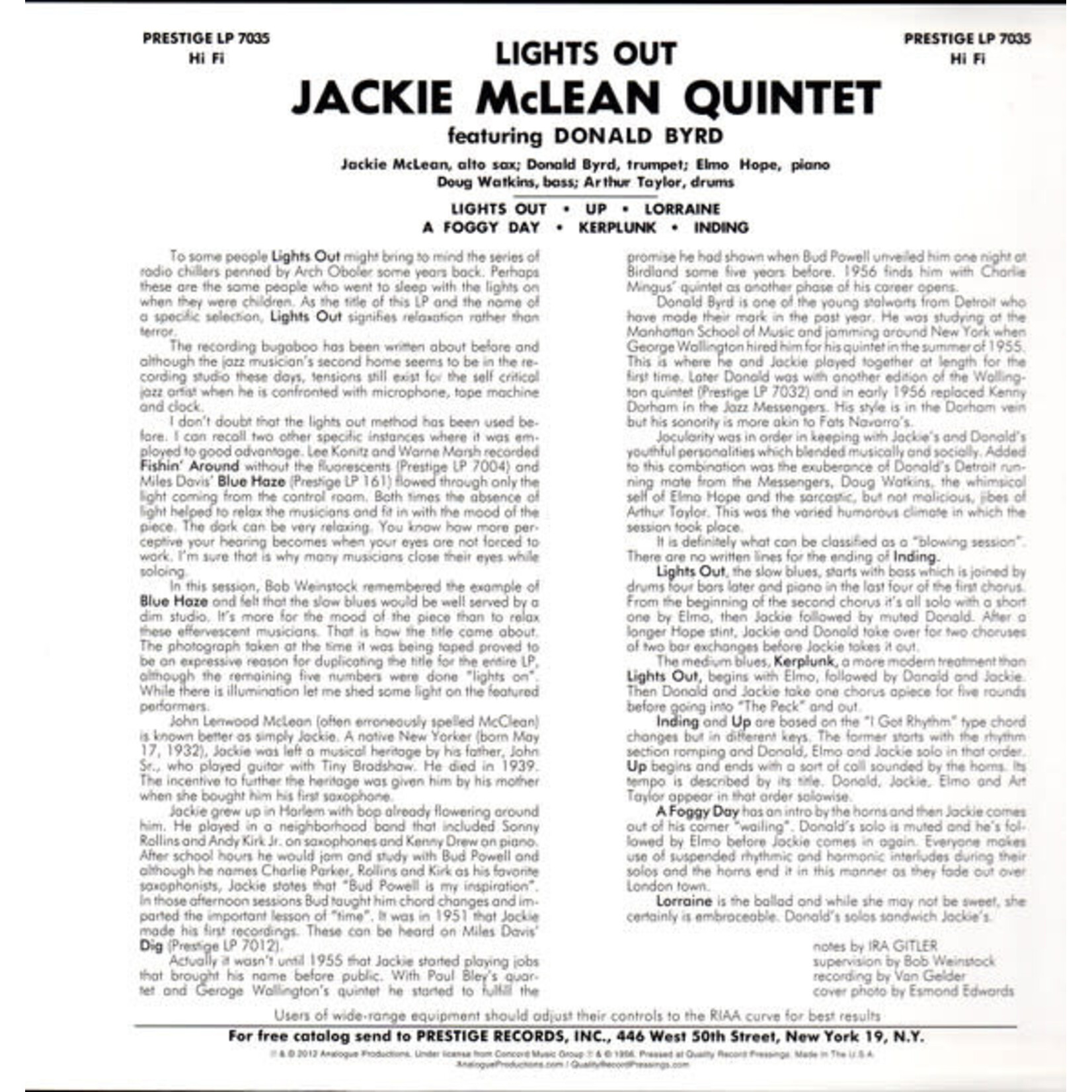 [Kollectible Vinyl] McLean, Jackie Quintet  – Lights Out! (2022, USA, Sealed) [Prestige]