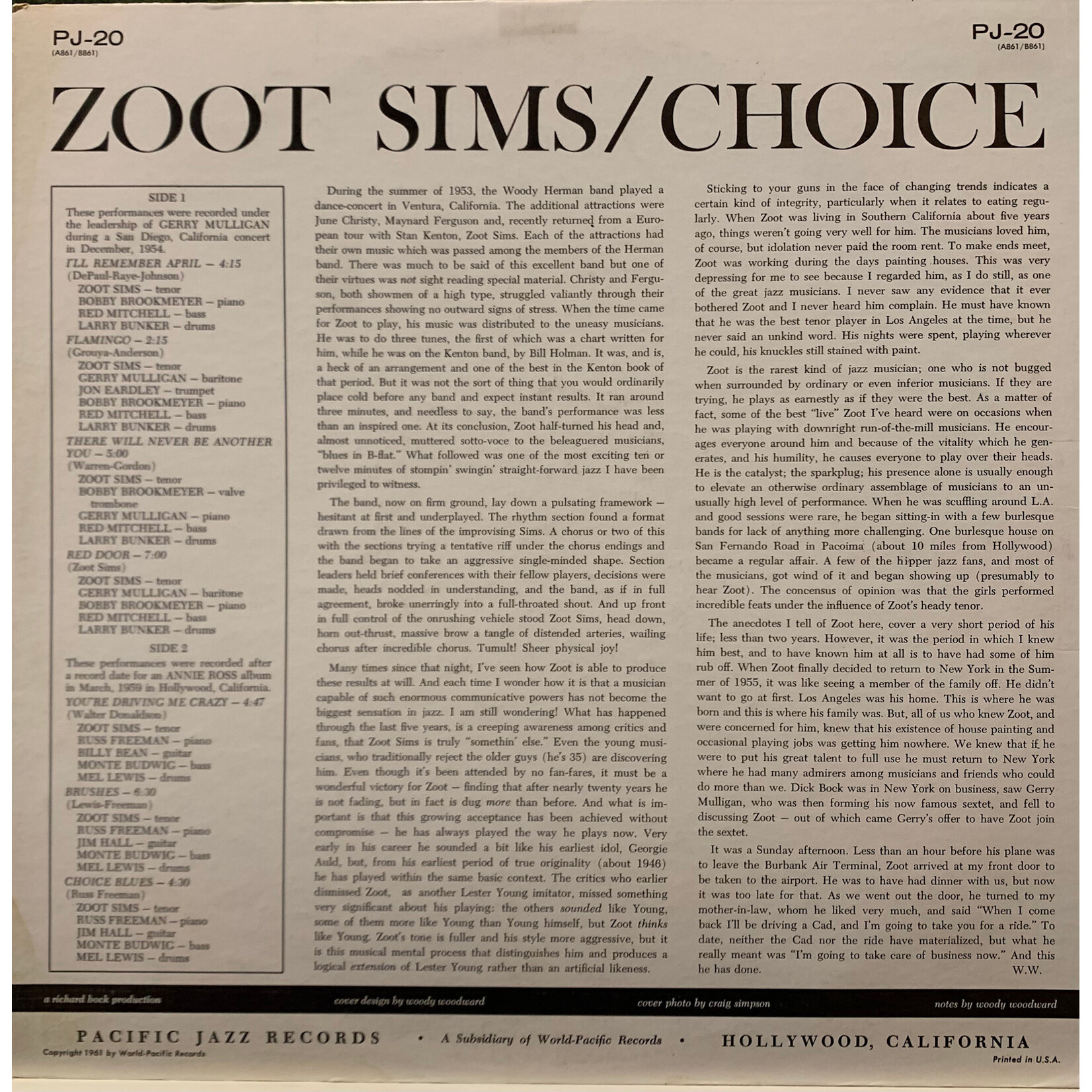[Kollectible Vinyl] Zoot Sims: Choice (1961, USA, VG+) [PACIFIC JAZZ]